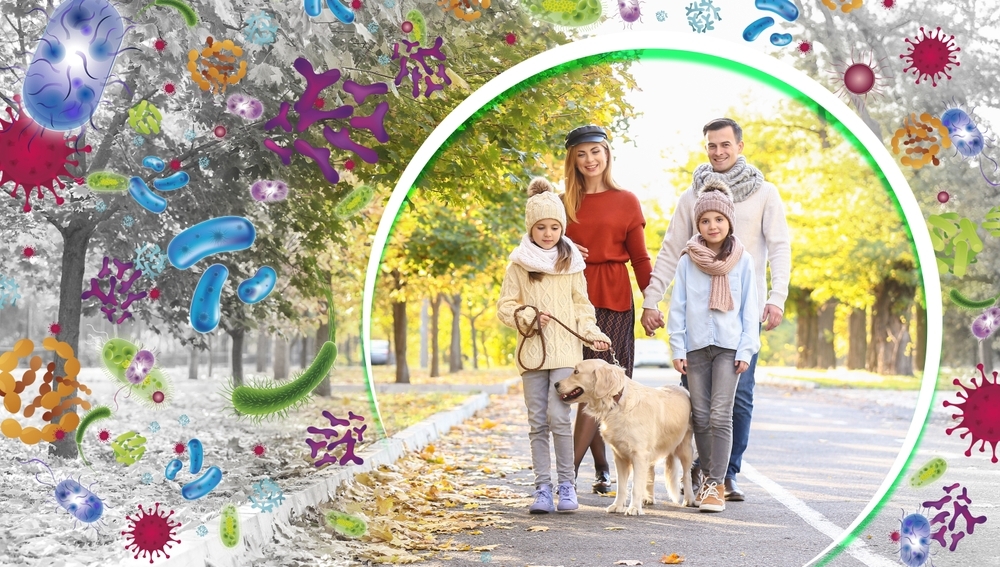 Happy,Family,With,Dog,Walking,In,Autumn,Park.,Concept,Of
